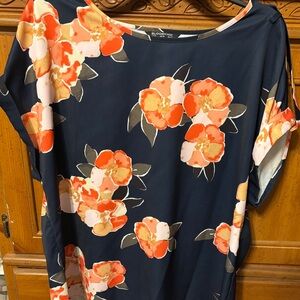 BloomChic Navy Floral Short-Sleeve Blouse with Orange Blooms